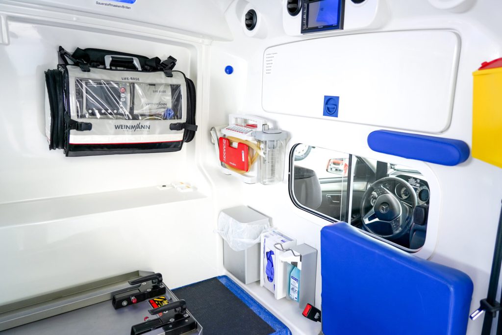 Modern equipment in the non-emergency medical transport vehicle for safe medical transport.