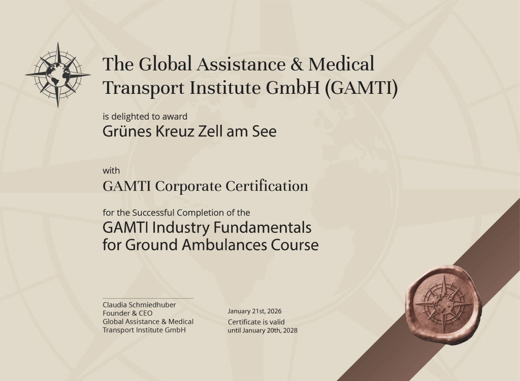 GAMTI-Zertifikat für Grünes Kreuz Zell am See zum Ground Ambulances Course